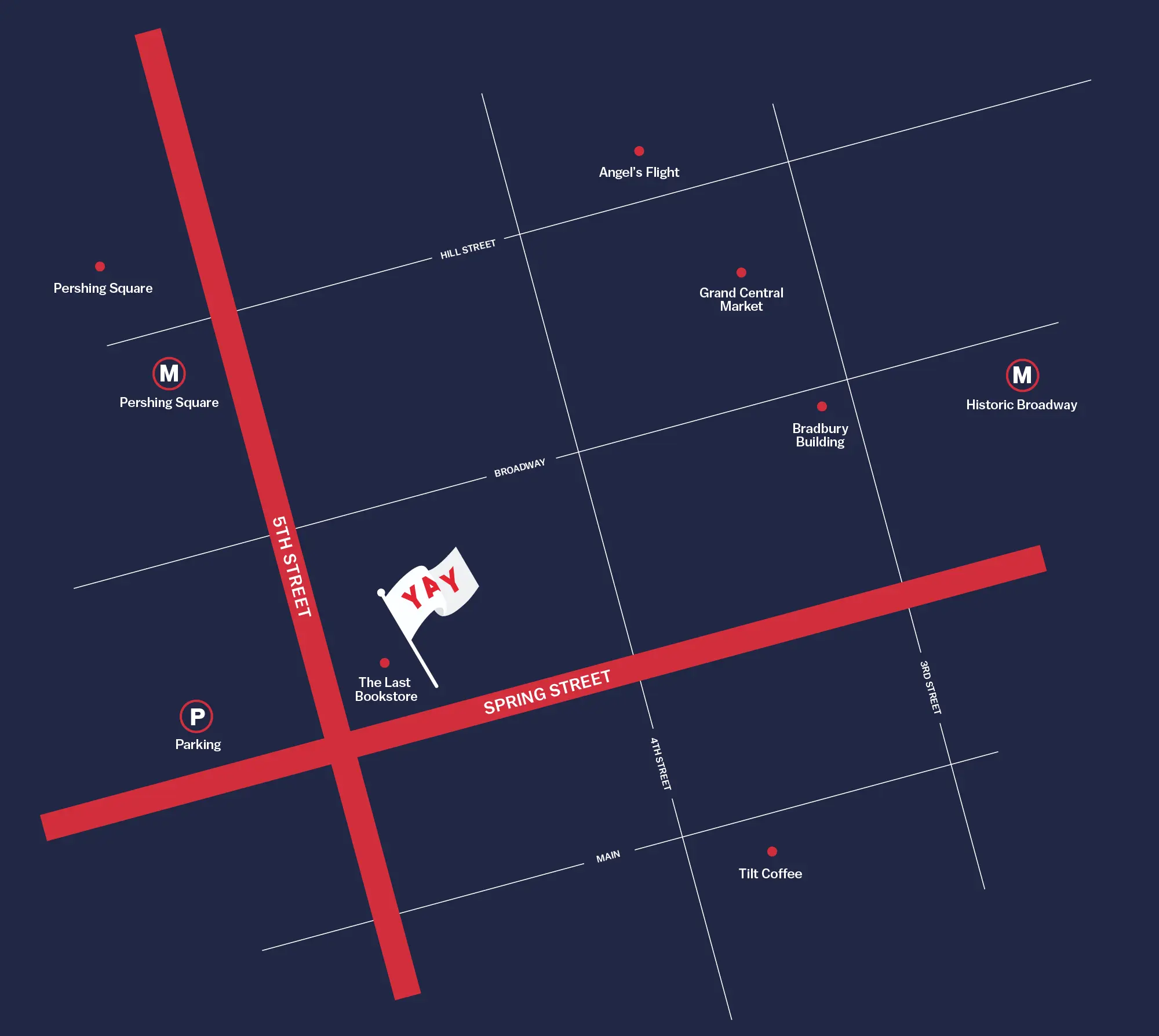Map showing Yay Brigade location at 5th and Spring St. in Los Angeles, CA